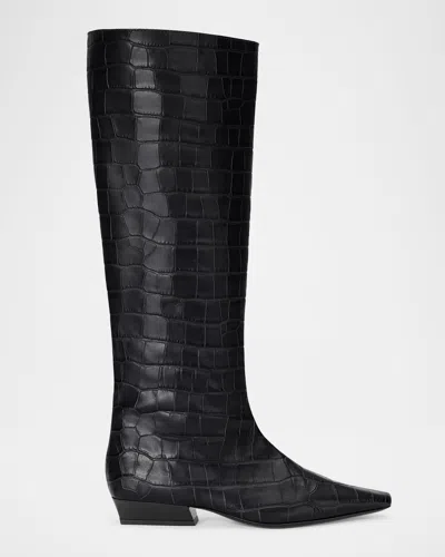 Staud Wally Croc-embossed Leather Flat Knee-high Boots In Black