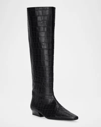 Staud Wally Croc-embossed Leather Flat Knee-high Boots In Black