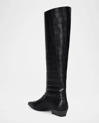 Staud Wally Croc-embossed Leather Flat Knee-high Boots In Black