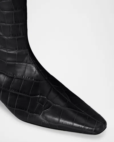 Staud Wally Croc-embossed Leather Flat Knee-high Boots In Black