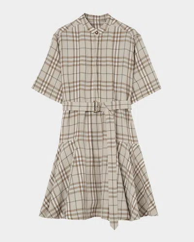 Burberry Short-sleeve Check Linen-blend Belted Mini Shirtdress In Multi
