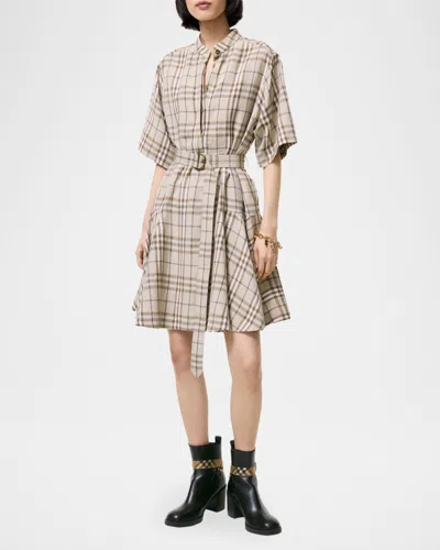 Burberry Short-sleeve Check Linen-blend Belted Mini Shirtdress In Multi
