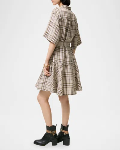 Burberry Short-sleeve Check Linen-blend Belted Mini Shirtdress In Multi