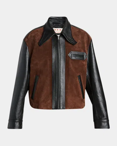 Marni Black Leather Jacket With Split-leather Front Panel In Black
