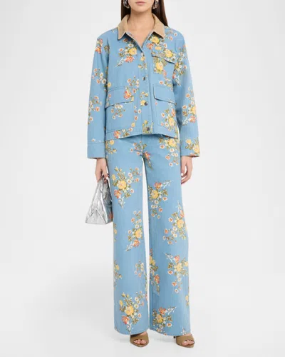 Veronica Beard Leighton Floral-print Corduroy-collar Jacket In Blue