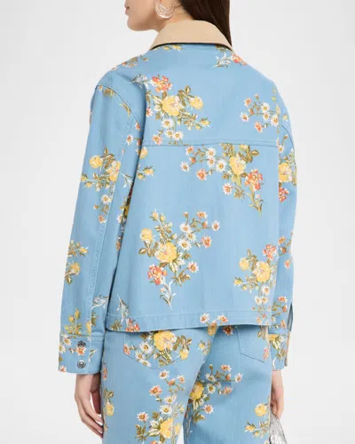 Veronica Beard Leighton Floral-print Corduroy-collar Jacket In Blue