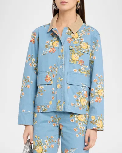 Veronica Beard Leighton Floral-print Corduroy-collar Jacket In Blue