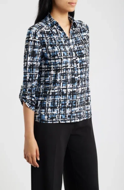 Ak Anne Klein Print Roll-tabbed Button Front Shirt In Multi