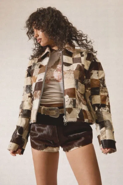 Nasty Gal Patchwork Cow Hide Real Leather Jacket In Multi
