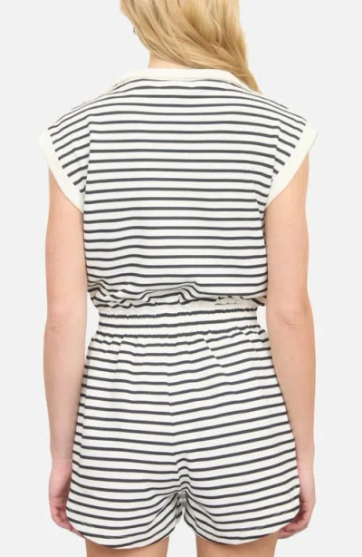 Joa Stripe Zip-front Drawstring Knit Romper In Black In Multi