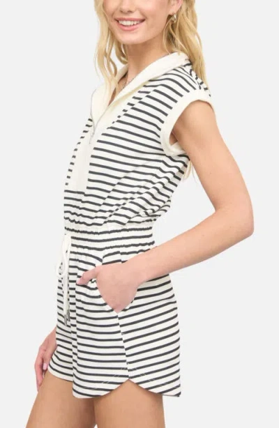 Joa Stripe Zip-front Drawstring Knit Romper In Black In Multi