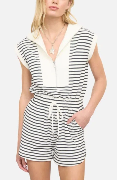 Joa Stripe Zip-front Drawstring Knit Romper In Black In Multi