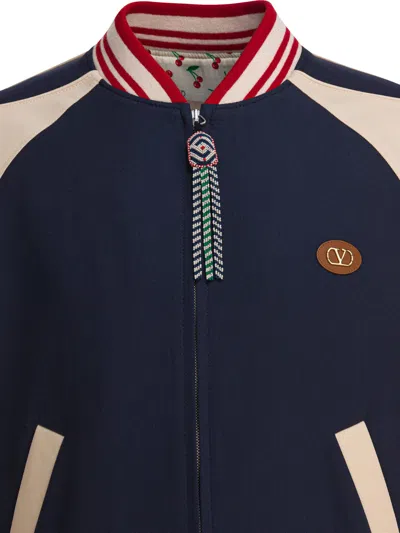 Valentino Wool And Cotton Bomber Jacket With Vlogo And Chat De La Maison Patch In Blue