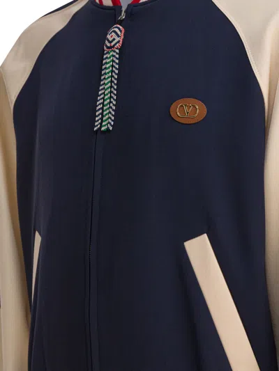 Valentino Wool And Cotton Bomber Jacket With Vlogo And Chat De La Maison Patch In Blue