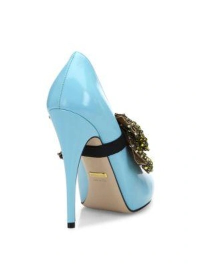 Shop Gucci Elaisa Removable Crystal Bow & Leather Point Toe Pumps In Light Blue