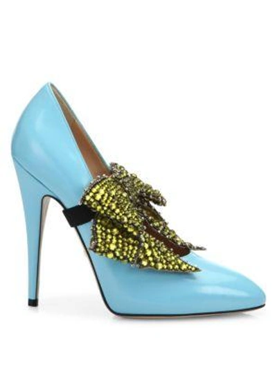 Shop Gucci Elaisa Removable Crystal Bow & Leather Point Toe Pumps In Light Blue