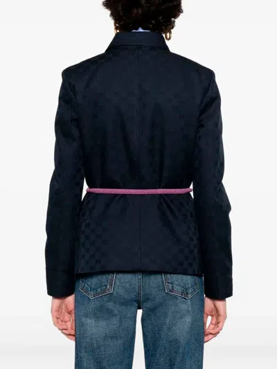 Gucci Checkered Jacket Collared Neck Front Pockets In Blue