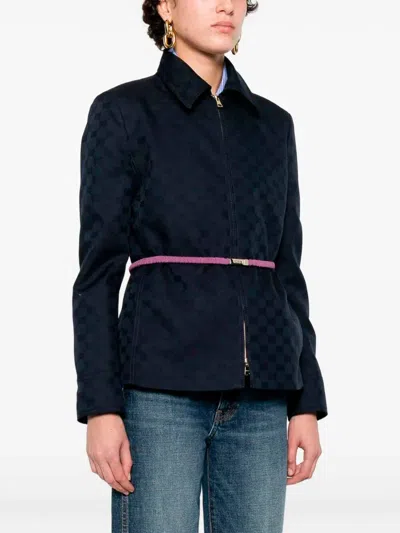 Gucci Checkered Jacket Collared Neck Front Pockets In Blue