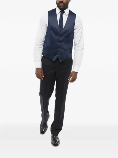 Corneliani Satin Piped-pocket Waistcoat In Blue