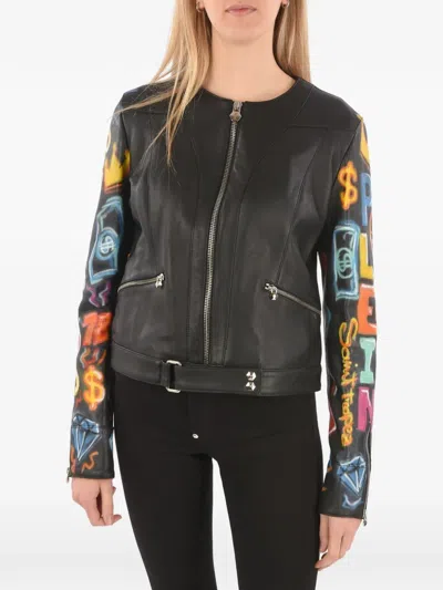 Philipp Plein Graffiti-printed Leather Jacket In Black