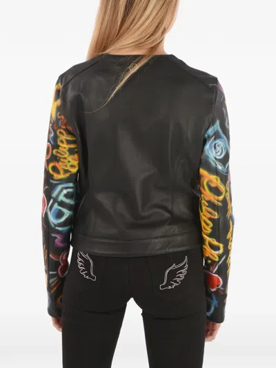 Philipp Plein Graffiti-printed Leather Jacket In Black