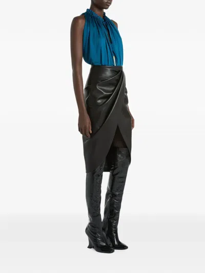 Balmain Draped Lambskin Midi Skirt In Black