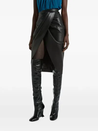 Balmain Draped Lambskin Midi Skirt In Black