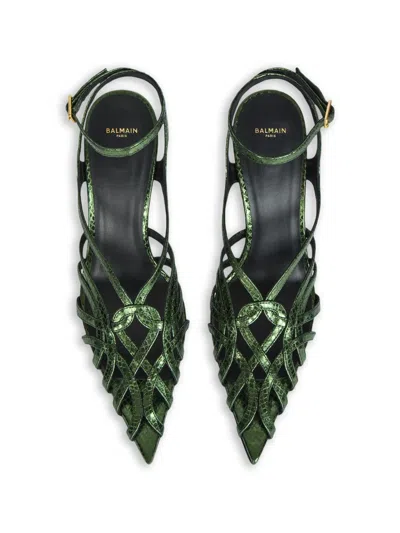 Balmain Python-effect Leather Cage Sandals In Green