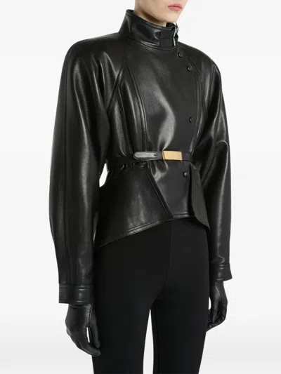 小羊皮束腰伞摆夹克