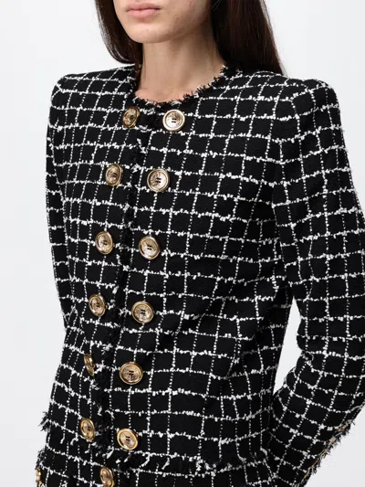 Balmain Black Checks Round Neck Blazer In Black