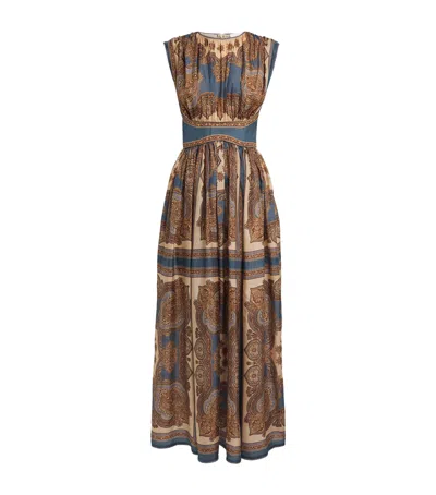 Zimmermann Mahon Waisted Maxi Dress With All-over Paisley Pattern In Navy