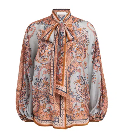 Zimmermann Paisley Floral Pure Silk Blouse With Self-tie Neck Detail