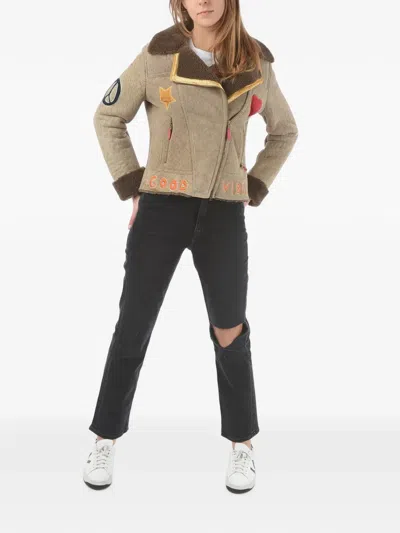 History Repeats Embroidered Zip-up Shearling Jacket In Multi