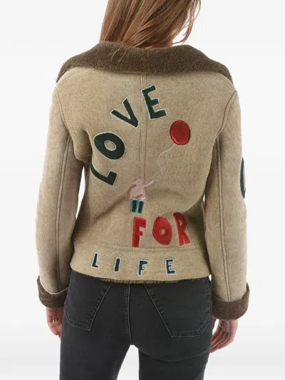 History Repeats Embroidered Zip-up Shearling Jacket In Multi