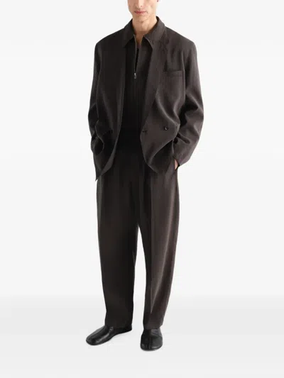Lemaire Light Double-breasted Jacket In Dry Silk In Brown