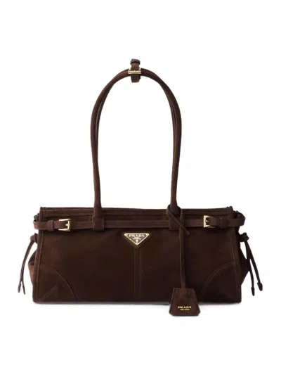 Prada Suede Shoulder Handbag With Adjustable Strap In Brown