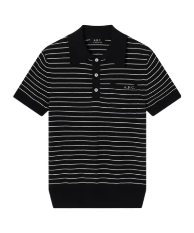 A.p.c. A. P.c. Striped Cotton Polo Shirt With Logo Front Pocket In Black