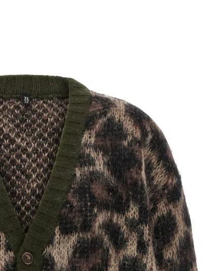 R13 Leopard Cardigan Long Sleeves V Neck Pockets In Brown