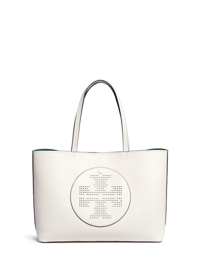 Tory Burch Leather Perforated Logo Tote Bag In Beige