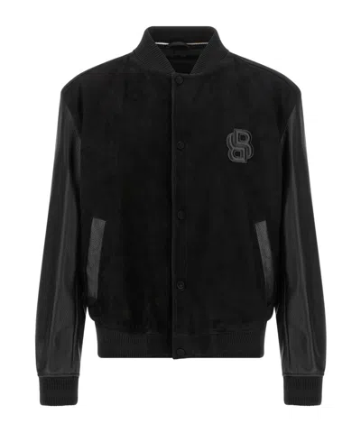Hugo Boss Textured Microfiber Bomber Jacket In Black