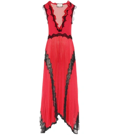 Gucci Sleeveless Long V-neck Dress With Lace Trim In Hiliscus Red