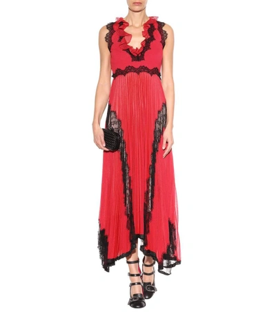 Shop Gucci Pleated Floor-length Dress With Lace In Hiliscus Red