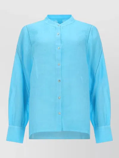 120% Lino Linen Shirt Breathable Collared Long Sleeve In Blue