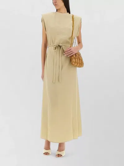 Alysi Beige Solid Round Neck Maxi Dress In Brown