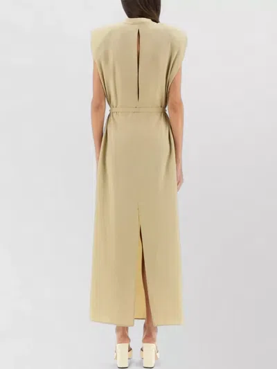 Alysi Beige Solid Round Neck Maxi Dress In Brown