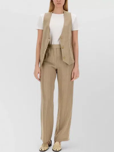 Alysi Linen Trousers Elastic Waist Belt Loops In Neutral