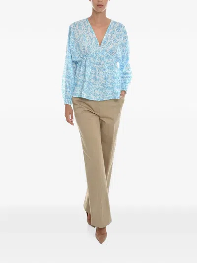Samsoe & Samsoe Floral-pattern Puff-sleeve Blouse In Blue