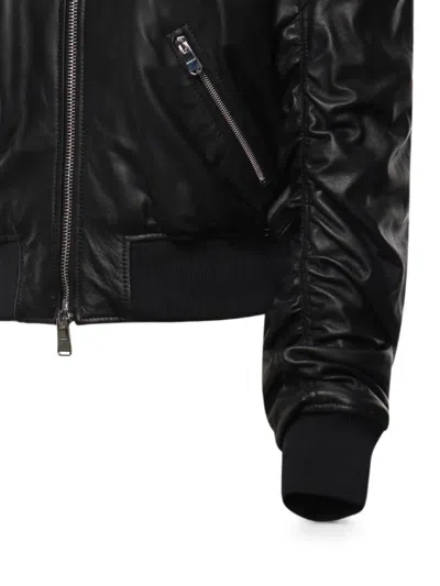 Dondup Ruched Leather Bomber Jacket In Black