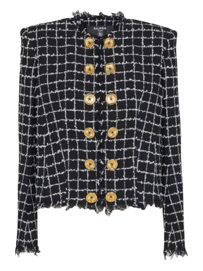 Balmain Black Checks Round Neck Blazer In Black
