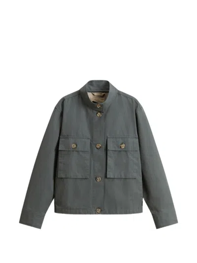 Woolrich Canvas Utility Overshirt Stand Collar Pockets In Gray